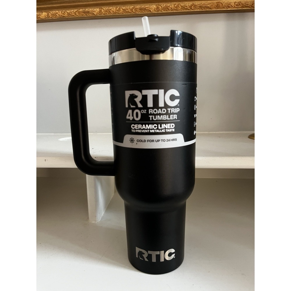 New! RTIC 40 Oz Ceramic Lined Road Trip Tumbler Lid Straw Black Solid